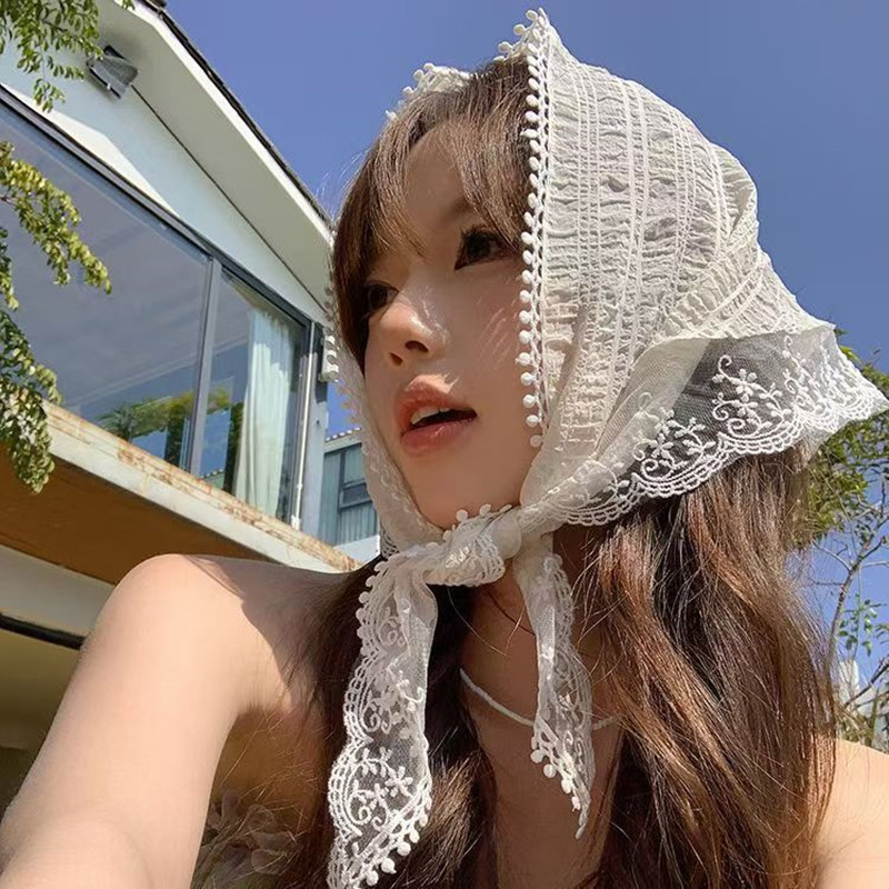 Travel Accessories Aesthetic - フレンチシックなアリスホワイトレーストライアングルヘアラップファッションアクセサリー ﻿