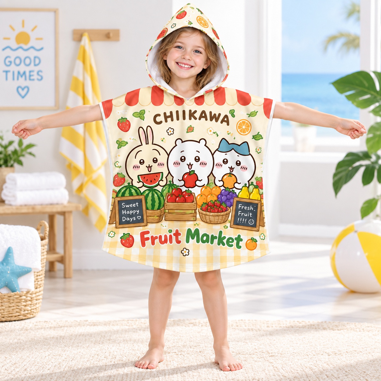 Travel Accessories Baby - かわいい子供用フード付きタオル、漫画柄のバスポンチョ、赤ちゃん用、水泳用、ビーチタオル、柔らかい素材、子供用バスローブ、フルーツ柄、夏用、旅行用ラップ