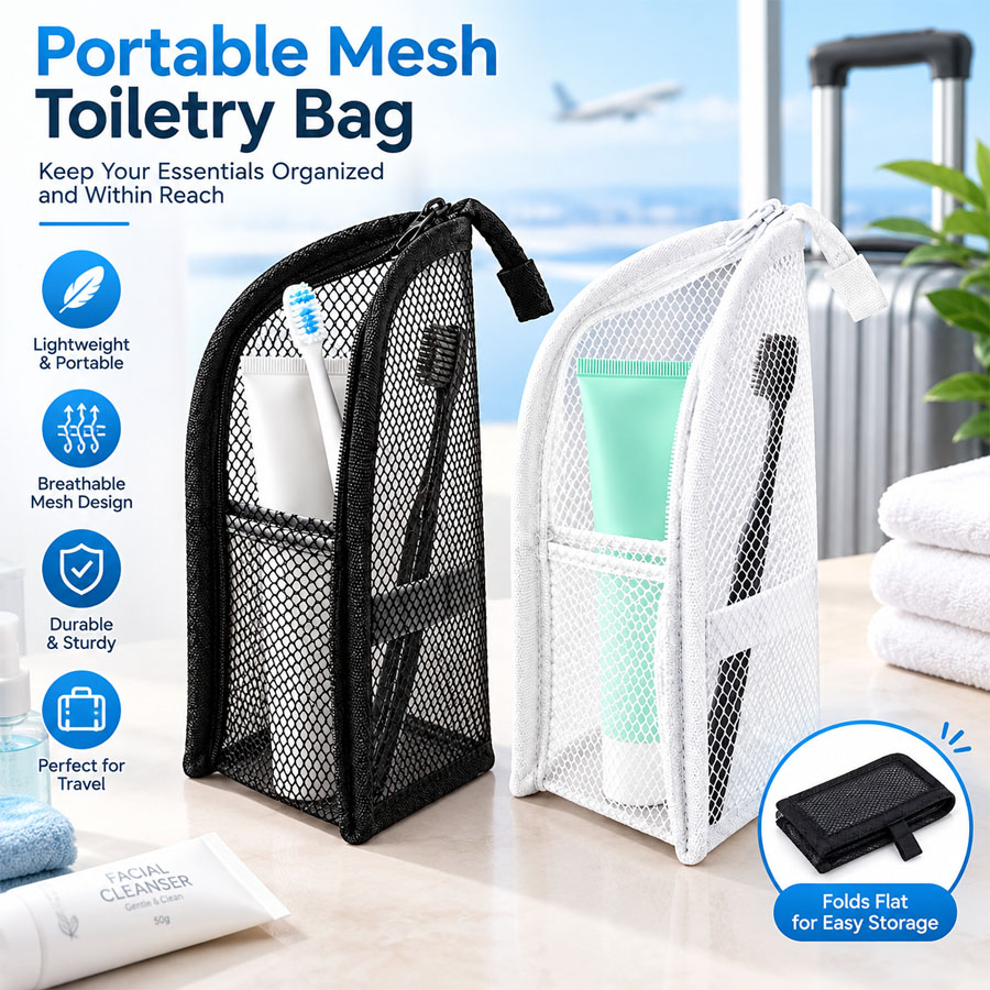 Travel Accessories Organizer Bag - 1個入り、持ち運び可能なメッシュ製のトラベル用洗面用具入れ。歯ブラシや化粧ブラシなどを整理できる多機能ポーチで、旅行や普段使いに最適。